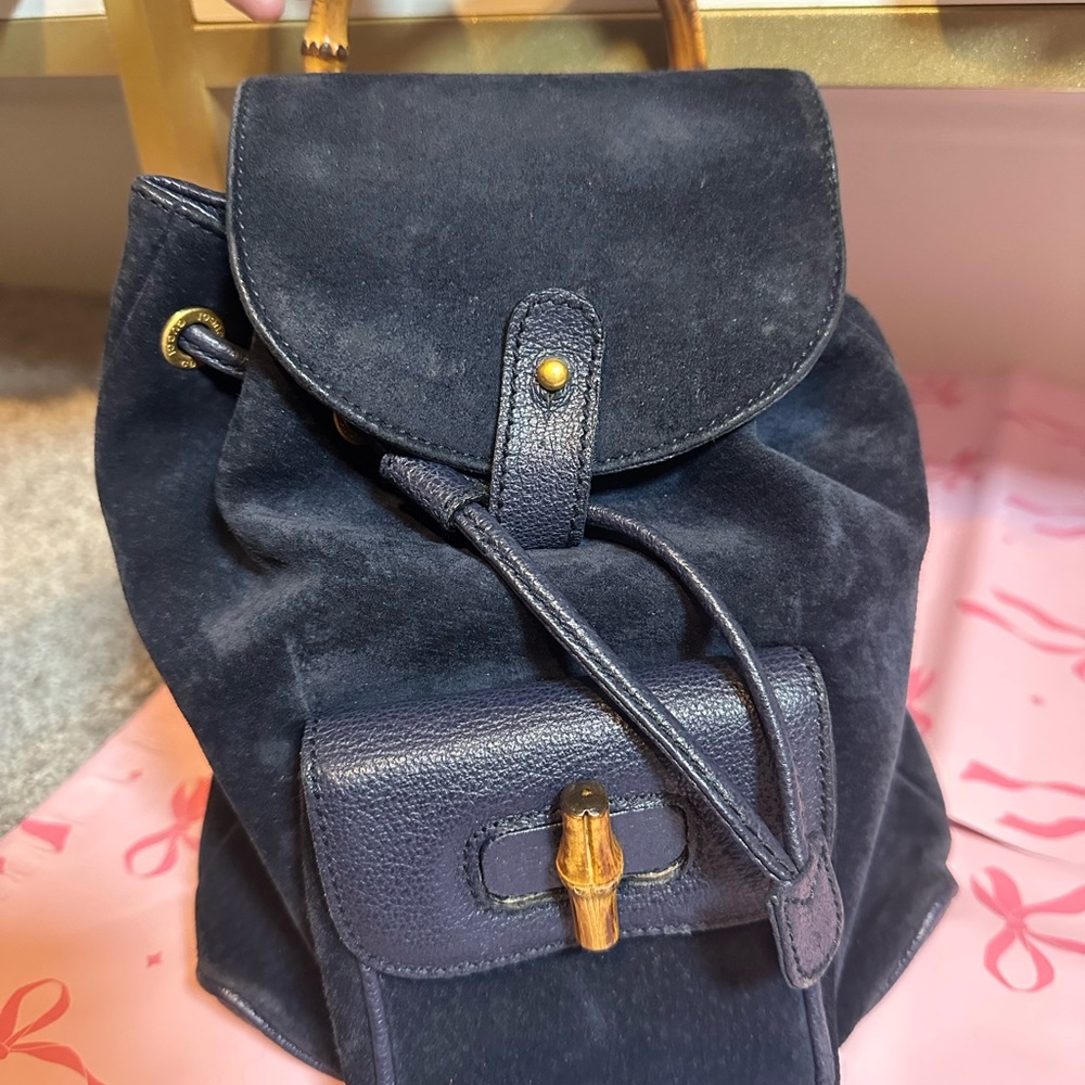 Gucci Bamboo Blue Suede Backpack